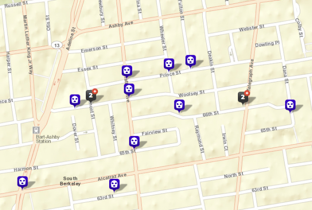 There have been at least 15 reported robberies near the Ashby BART station in the past 60 days, with several others also nearby. At least eight of the robberies near BART involved firearms. One incident, at Woolsey and Tremont, is too recent to appear on the map. (CrimeMapping/Berkeleyside)