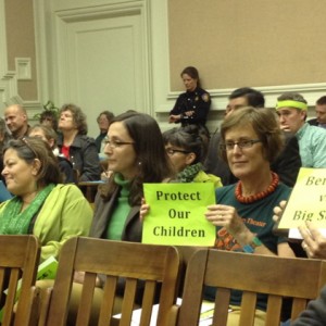 Proponents of a soda tax were out in force in neon green at Berkeley City Council. (Lance Knobel/Berkeleyside)