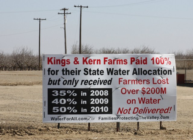A San Joaquin Valley sign protesting reduced deliveries of water in previous drought years. (Sasha Khokha/KQED)