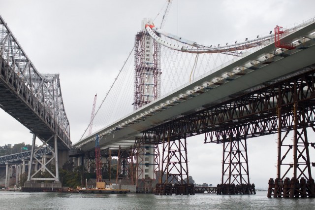 Steel rods on the new eastern span of the Oakland-San Francisco Bay bridge were found to be broken when engineers returned to check the nuts they tightened earlier. File photo. (Deborah Svoboda/KQED)