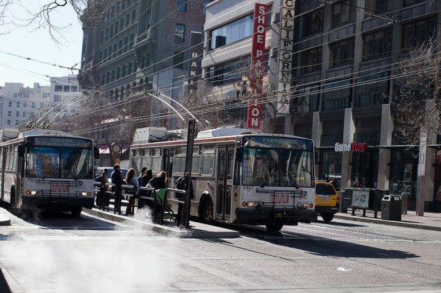 Muni buses in downtown San Francisco. (Deborah Svoboda/KQED)
