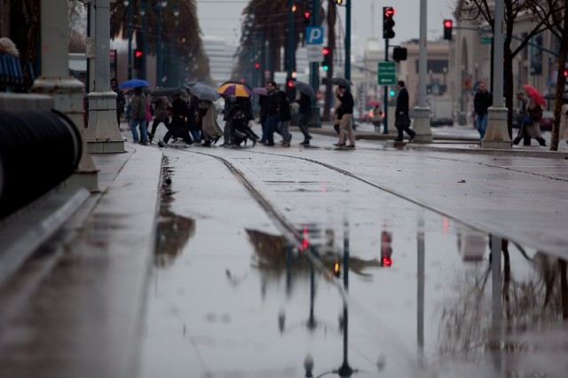Rain falls on San Francisco's Embarcadero. (Mark Andrew Boyer/KQED)