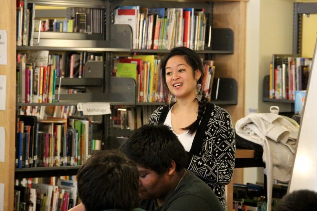 Teacher Kirstie Mah leading class discussion on dating violence at Oakland's Lighthouse Charter School. (Aaron Mendelson/KQED)