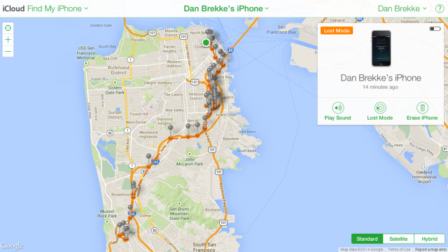 A 'Find My iPhone' map of the travels of Dan's Brekke's cellphone after he lost it. 