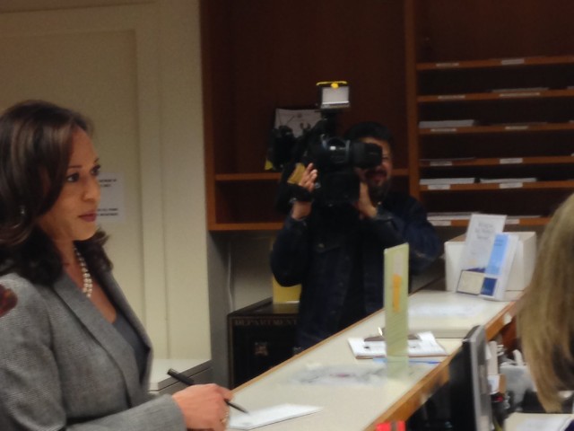 California Attorney General Kamala Harris files for re-election at San Francisco City Hall on Wednesday (Jack Detsch/KQED)