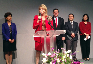 RNC co-chair Sharon Day asks for Asian-Americans to join the Republican Party during an event at the Korean megachurch, Grace Ministries. (Josie Huang/KQED)