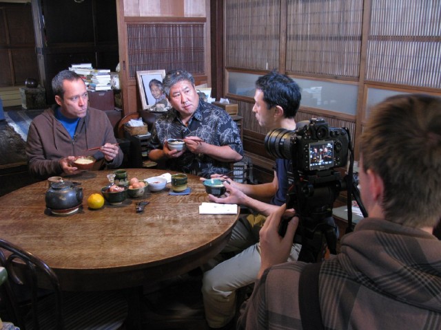 Hawaii chefs Ed Kenney, left, and Alan Wong visit with organic Tadaaki Hachisu in Japan. (Photo by Dan Nakasone)