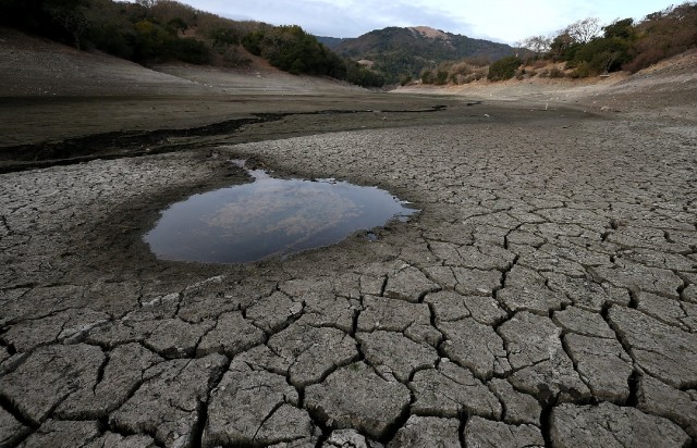 A small pool of water is surrounded by dried and cracked earth that was the bottom of the Almaden Reservoir in San Jose in late January. (Justin Sullivan/Getty Images)