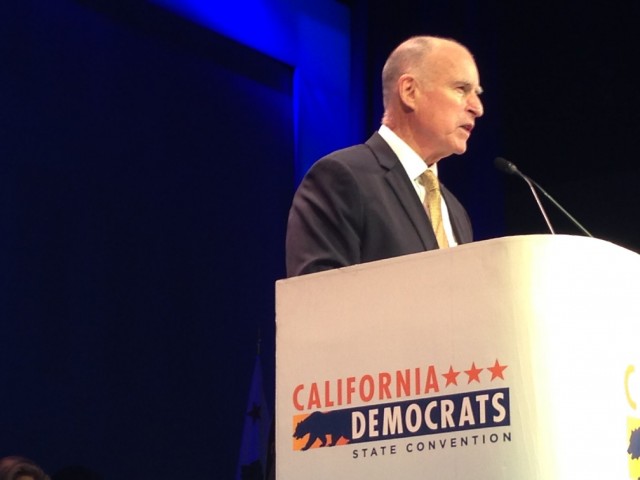 Gov. Jerry Brown speaks to the California Democrats' convention in L.A. on Saturday. (Scott Detrow/KQED)