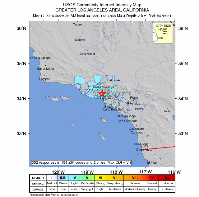 U.S. Geological Survey map of citizen reports of Monday morning's earthquake in Los Angeles (click for interactive version). 