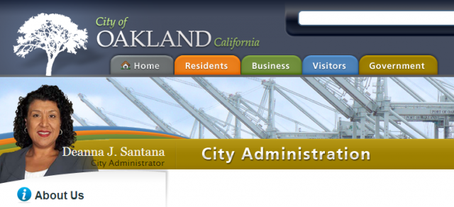 Screenshot of city of Oakland website, still featuring departed City Administrator Deanna Santana. 