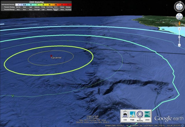 NOAA depiction of the epicenter of Sunday night's earthquake off the Humboldt County coast. 