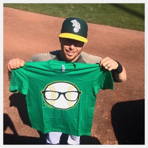 A's fan  Jamey Van Dyke designed this shirt to honor infileder Eric Sogard, one of the few major leaguers to wear glasses. (Jamey Van Dyke