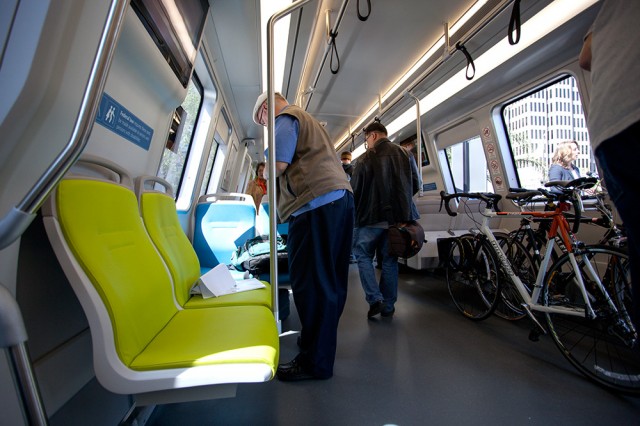 The seats of the new BART cars will have a thinner profile (Mark Andrew Boyer/KQED)