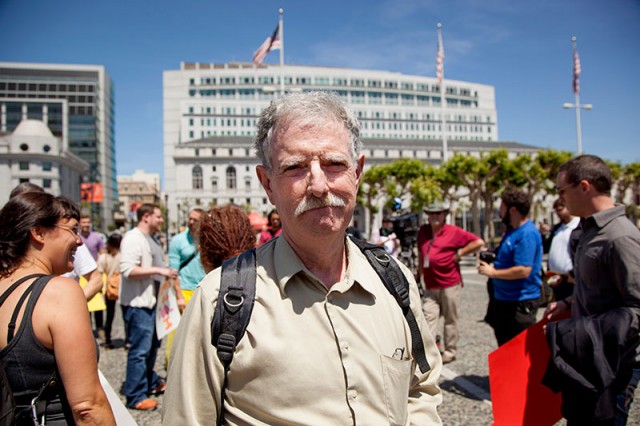Taxi driver Frank Fahy attended an Airbnb rally at City Hall (Mark Andrew Boyer/KQED)