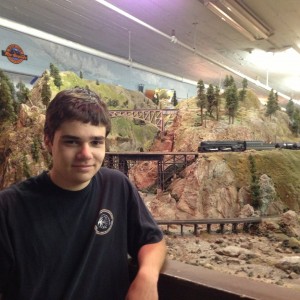 Nicholas Wright and the Golden Gate Model Railroad Club layout. (Cyrus Musiker/KQED)