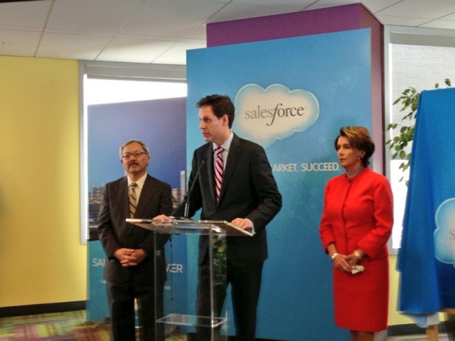 Mayor Ed Lee, Salesforce Chief Legal Officer Burke Norton and Sen. Nancy Pelosi announce the Salesforce Tower Deal. (Cy Musiker/KQED)