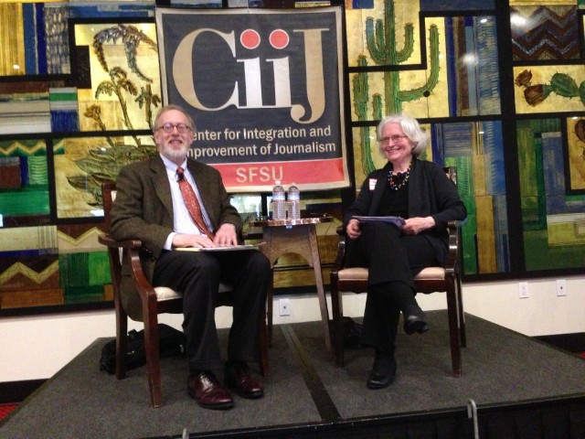 Seth Rosenfeld and Betty Medsger in conversaton at the San Francisco City Club. (Patricia Yollin/KQED)