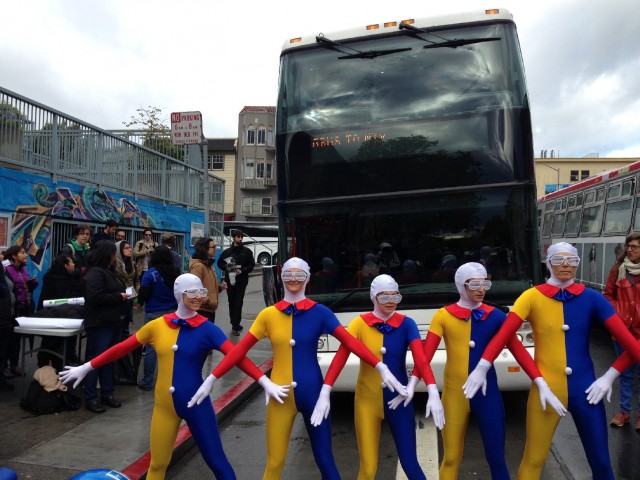 Protesters delay a Google bus in the Mission today. (Photo by Zach Mack)