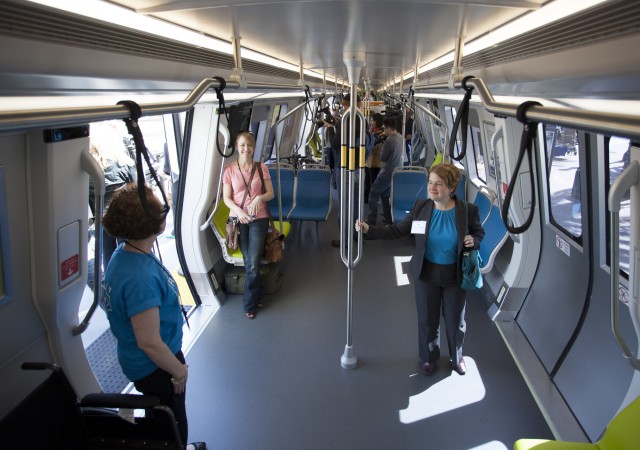 BART unveiled its “Fleet of the Future” train cars on Wednesday, April 16, inviting the public to tour a model train in downtown San Francisco. The car was greeted with mixed reviews. The most pointed criticism came from riders with disabilities, who argued that the design provides less accessibility for disabled passengers. (Mark Andrew Boyer/KQED)