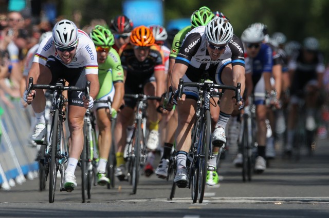 Mark Cavendish, left, edges ahead of John Degenkolb, right, at finish of the first stage of the Tour of California in Sacramento on Sunday. (Ezra Shaw/Getty Images)