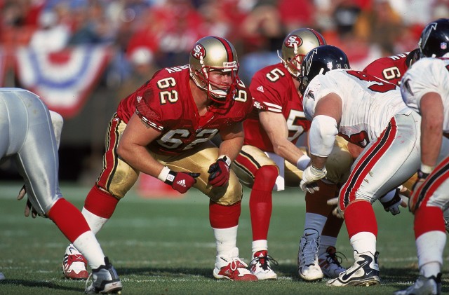 San Francisco 49ers offensive lineman Jeremy Newberry, No. 62, in a 1999 NFL game. Newberry is one of the plaintiffs in a class-action lawsuit alleging NFL teams misuse powerful painkillers to keep injured players on the field. (Tom Hauck/Allsport-Getty Images)