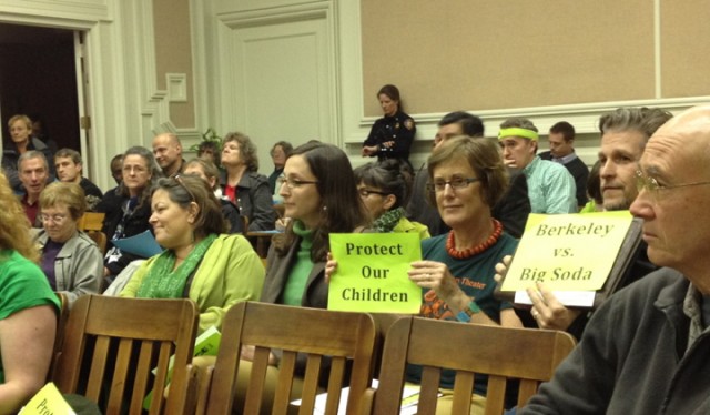 Proponents of a soda tax were out in force in neon green at Berkeley City Council in March. (Lance Knobel/Berkeleyside)