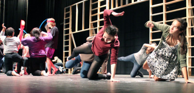 The play features several choreographed dances. Here, students rehearse a medley that blends "Ice Ice Baby" with "Electric Slide." (Sara Bernard/KQED)