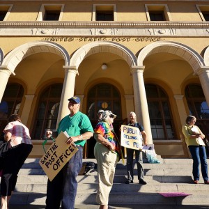 An initiative now circulating would apply an “historic overlay” in the Civic Center that might impact the future of the downtown Berkeley Post Office. (Daniel Parks/Berkeleyside)