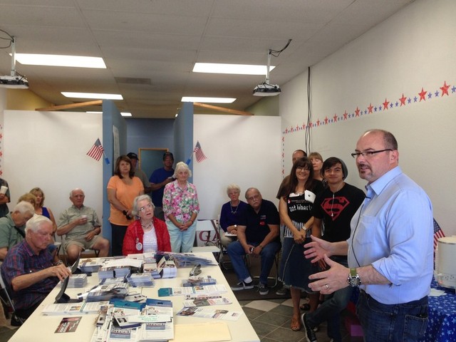 3)Tim Donnelly speaks to a group of campaign volunteers in Orange County. (Scott Detrow/KQED)