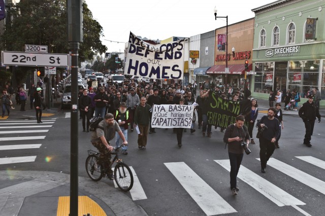 Anti-gentrification protesters welcomed in 2014 with a march through San Francisco's Mission district. (Deborah Svoboda/KQED)