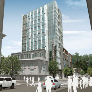 A 16-story hotel has been proposed on Center Street at Shattuck Avenue. Image: JRDV Urban International