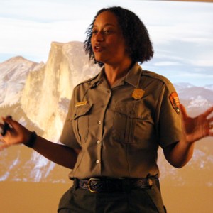 Ranger Kelli English talks about camping in Yosemite, and about the Buffalo Soldiers at a logistics meeting for event participants. 