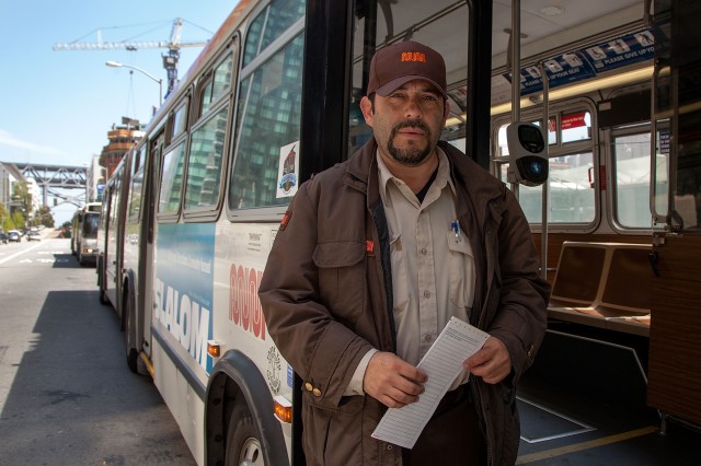 Alex Duran has worked as a Muni driver for the past 15 years, and he's displeased with the proposed contract. "We haven't gotten a raise for five years, but they've been raising our premium," he said. (Mark Andrew Boyer/KQED)