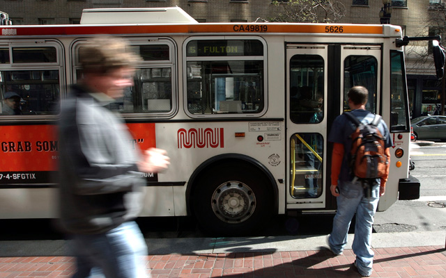 Passengers board a San Francisco MUNI bus March 7, 2007 in San Francisco, California. (Justin Sullivan/Getty Images)