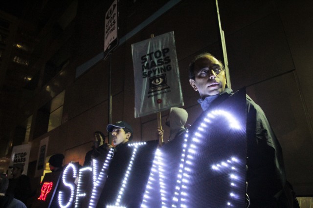Protesters at a Bay Area surveillance protest. (Jeremy Raff/KQED)