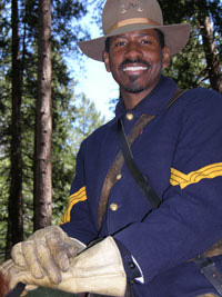 Park Ranger Shelton Johnson portrays one of the U.S. Army's Buffalo Soldiers as part of his interpretation of Yosemite's history. 
