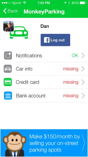 A screenshot of the MonkeyParking app, informing users they can make $150 a month by selling on-street parking spots. 