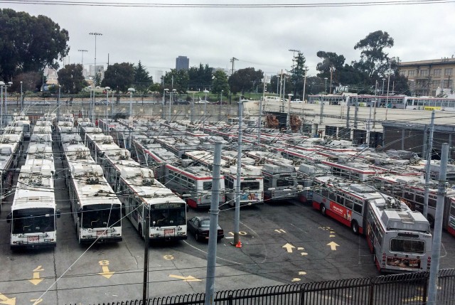Idle buses at Muni’s Potrero Division yard during Monday’s driver sickout. (Olivia Allen-Price)