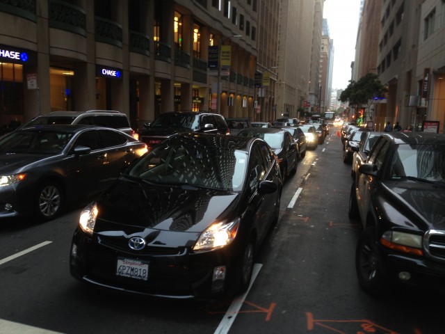 Southbound traffic clogs Montgomery Street in downtown San Francisco on Thursday night, June 5, 2014. (Patricia Yollin/KQED)