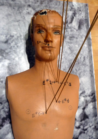 A mannequin used in the 1963 Onion Field trial to show where slain Officer Ian Campbell was shot. (Peter Gilstrap/KQED)