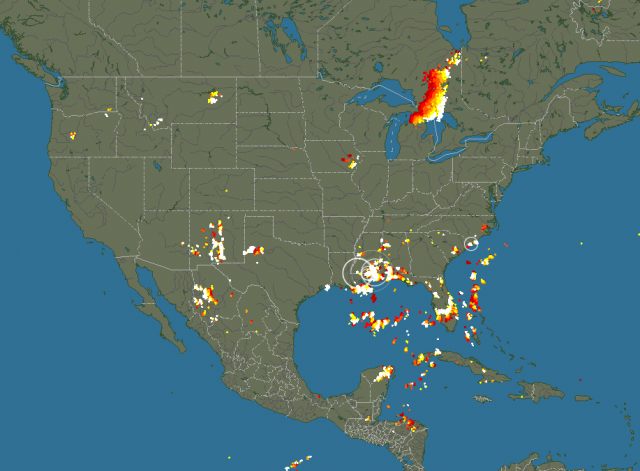 This screen shot from Blitzortung.org shows lightning strikes in North America. Click on the image to go to the site.