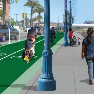 The San Francisco Bicycle Coalition's rendering of a protected bikeway along the Embarcadero. 