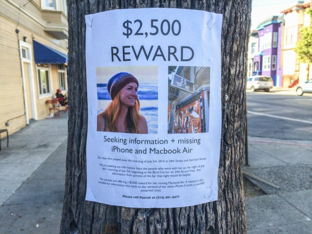 A flier posted by family and friends of Ann Zeis, who died after falling from a Mission District roof the night of the Fourth of July. (Dan Brekke/KQED)