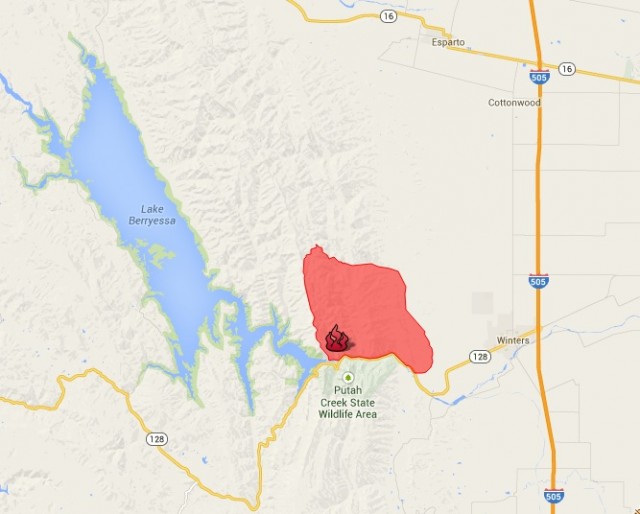A Cal Fire map showing the location of the Monticello Fire, between Lake Berryessa and the Yolo County town of Winters.
