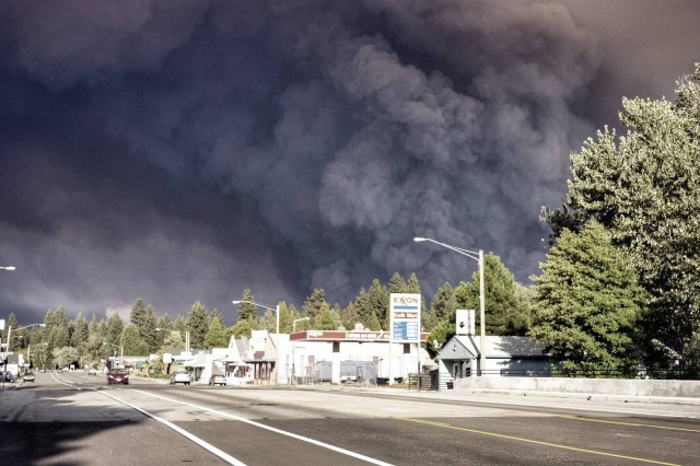 The sky over Burney, a town of about 3,500 northeast of Redding, as the nearby Eiler Fire tripled in size on Saturday. (Courtesy Ryan Albaugh)