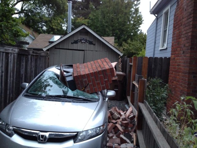 A KQED fan shared this image on Facebook of her chimney on her neighbor's car in Old Town Napa. (Courtesy of Patty Koski)
