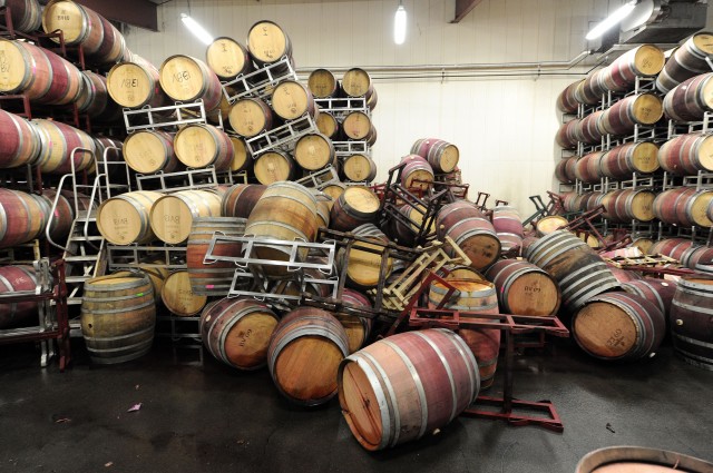 Barrels are strewn about inside the storage room of Bouchaine Vineyards in Napa, near the epicenter of Sunday's 6.0 earthquake. ( Josh Edelson/AFP-Getty Images)