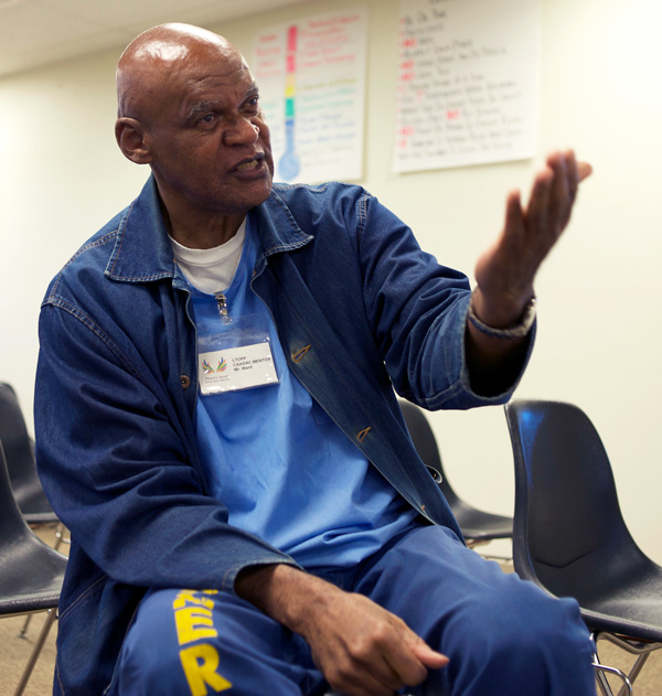 Inmate James Ward trained to be a drug and alcohol counselor at Solano Prison, as well as a mentor for other inmates. (Monica Lam/KQED)
