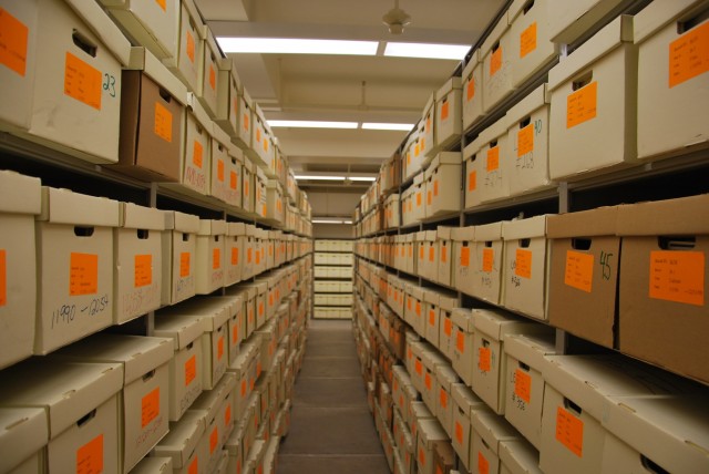 Gov. Pete Wilson’s records are stored in more than 3,700 boxes in a climate-controlled Sacramento warehouse. (Scott Detrow/KQED)